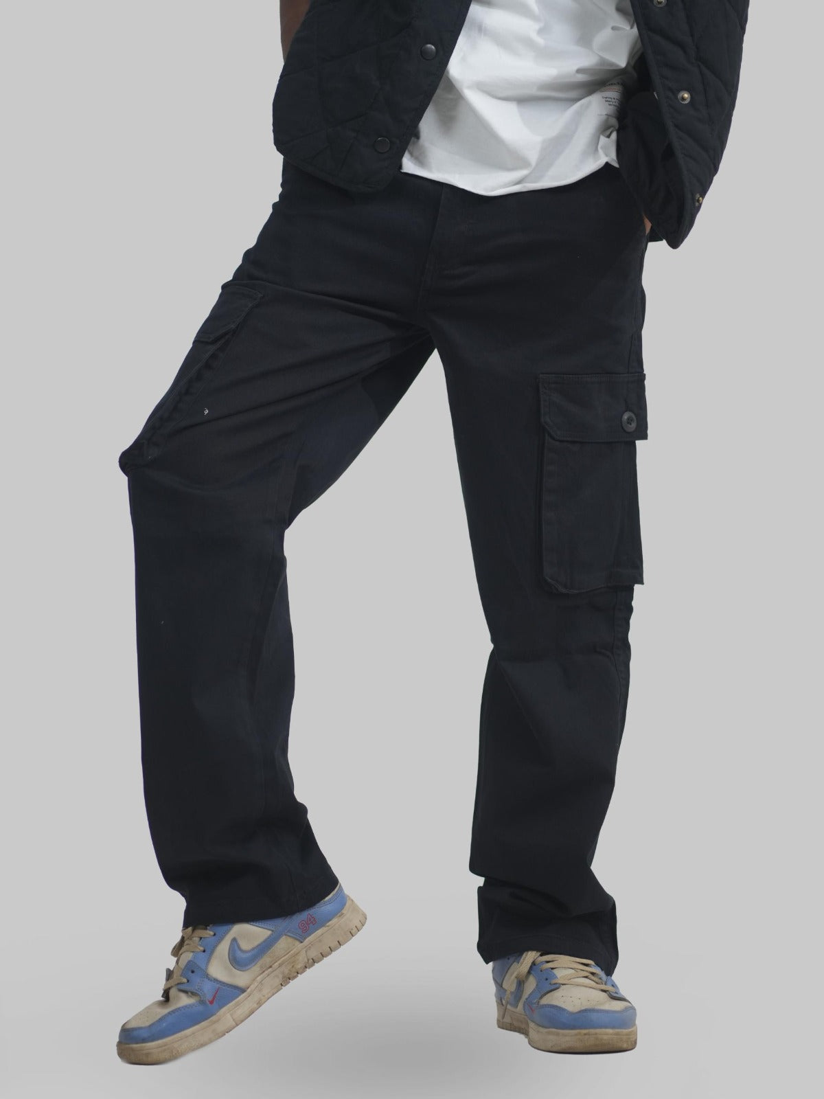 Men Black Cotton Lycra 6 Pocket Cargo Pants Front View