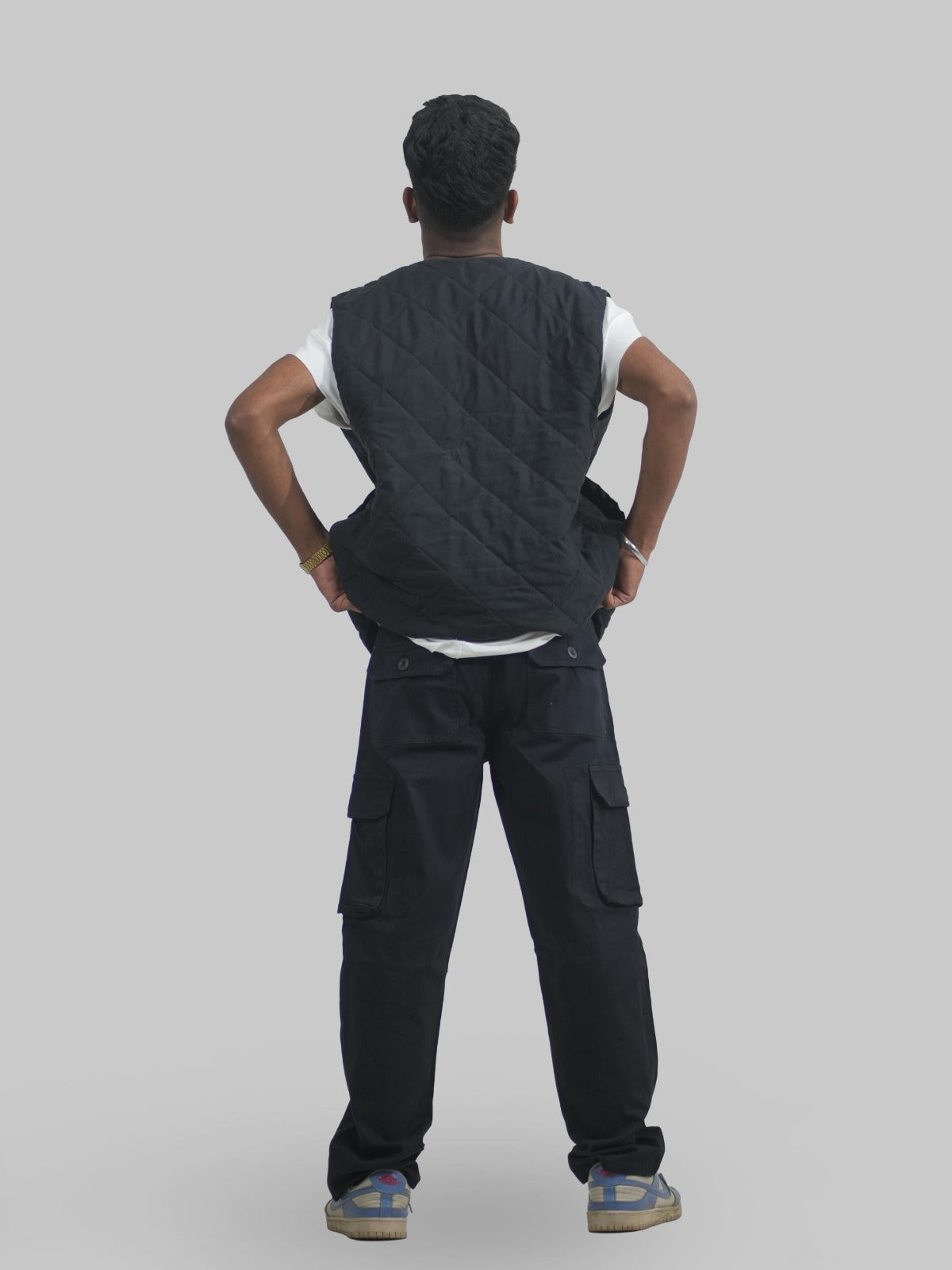 Men Black Cotton Lycra 6 Pocket Cargo Pants Back View
