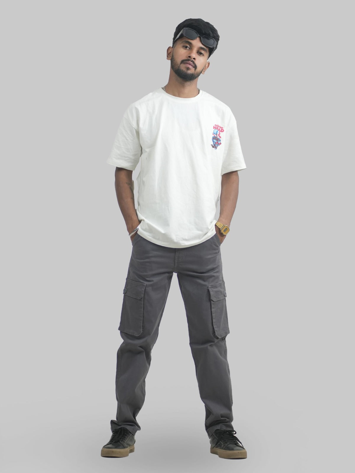Men Grey Cotton Lycra 6 Pocket Cargo Pants Front View