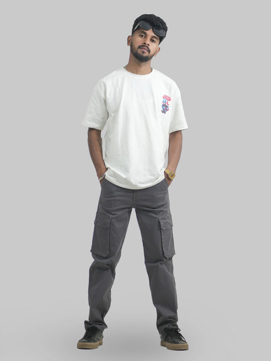 Men Grey Cotton Lycra 6 Pocket Cargo Pants Front View