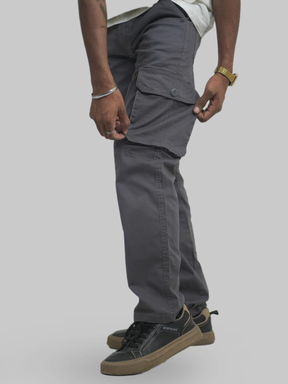 Men Grey Cotton Lycra 6 Pocket Cargo Pants Side Pocket View