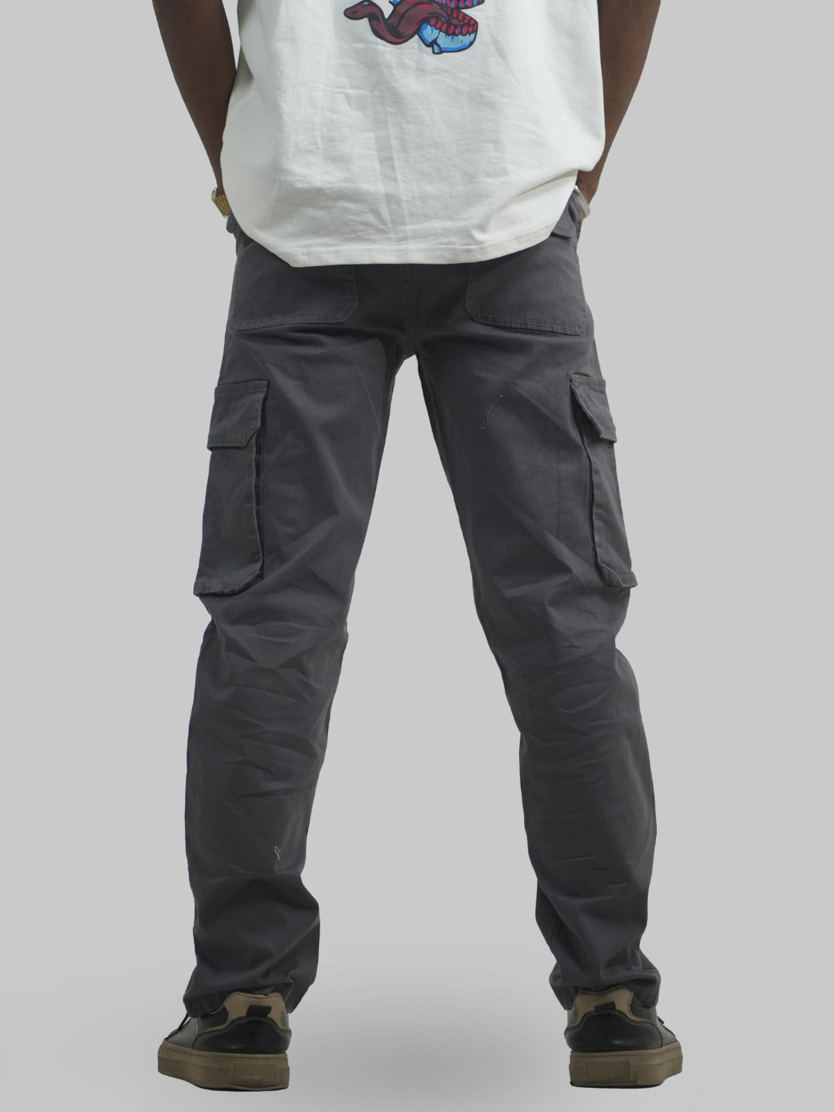 Men Grey Cotton Lycra 6 Pocket Cargo Pants Back View
