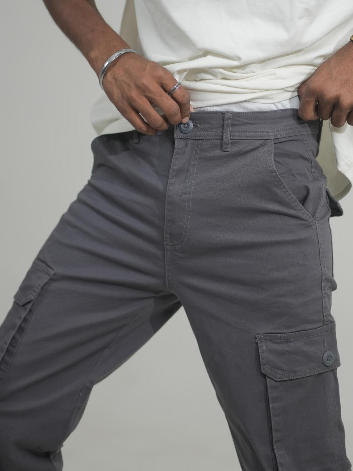 Men Grey Cotton Lycra 6 Pocket Cargo Pants Pocket View