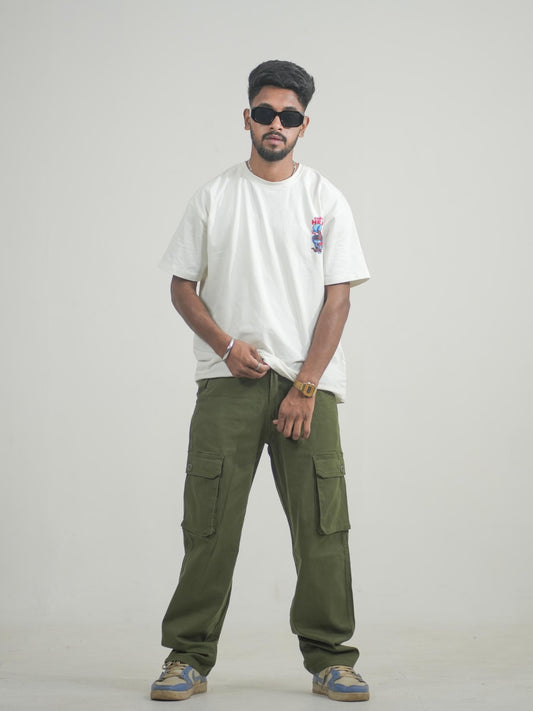 Men Olive Cotton Lycra 6 Pocket Cargo Pants Front View