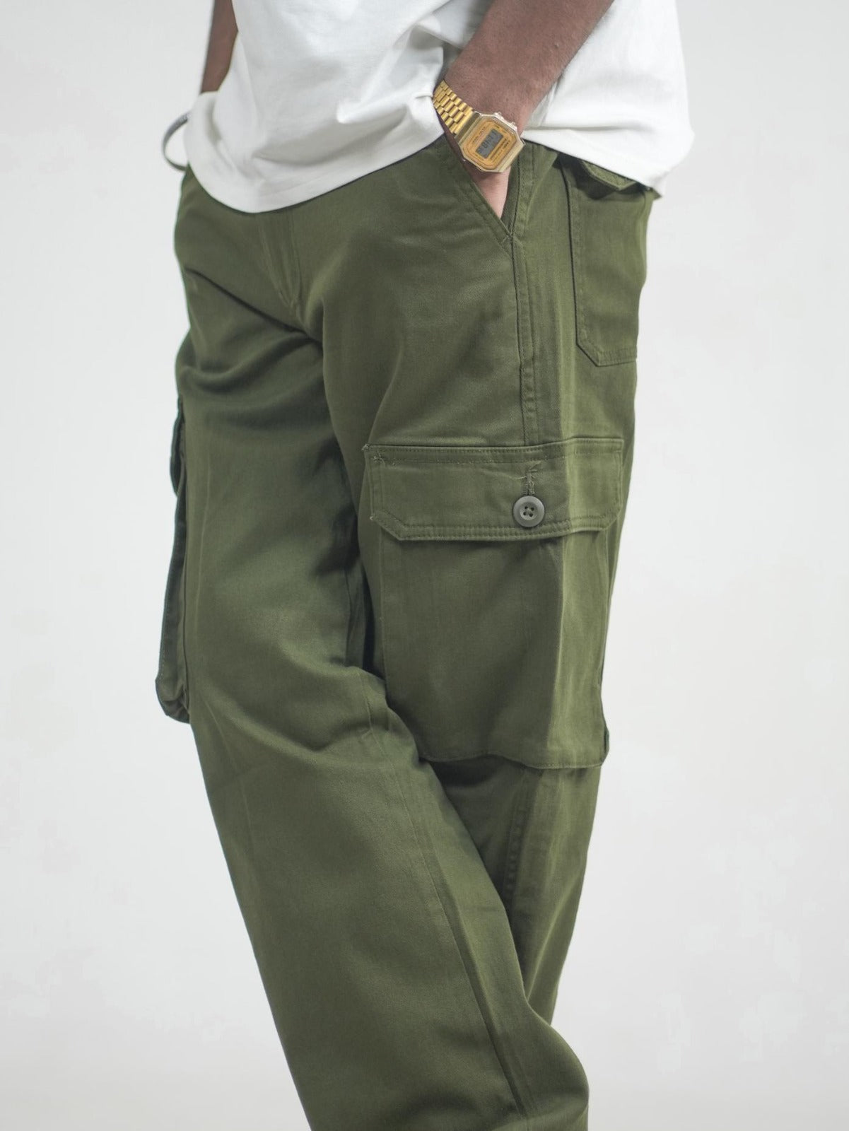 Men Olive Cotton Lycra 6 Pocket Cargo Pants PocketView