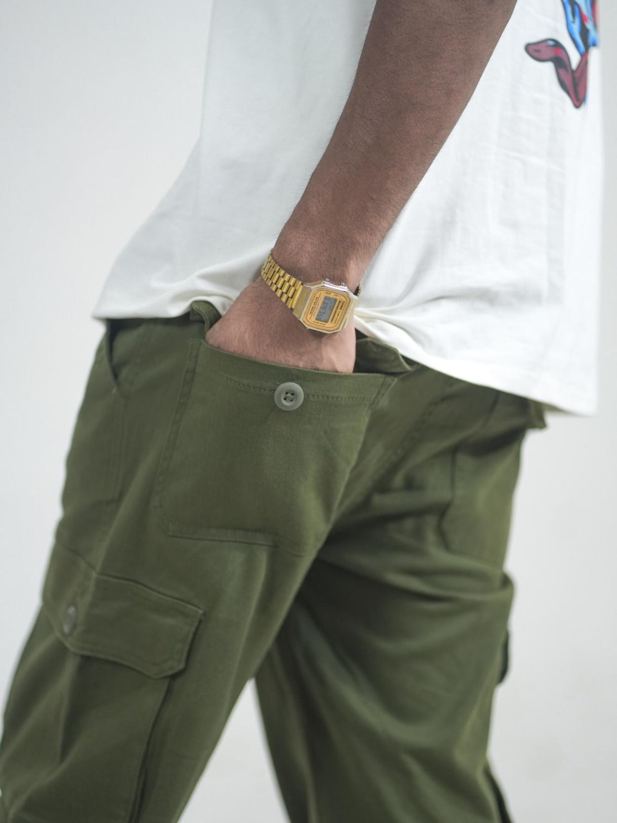Men Olive Cotton Lycra 6 Pocket Cargo Pants Back Pocket View