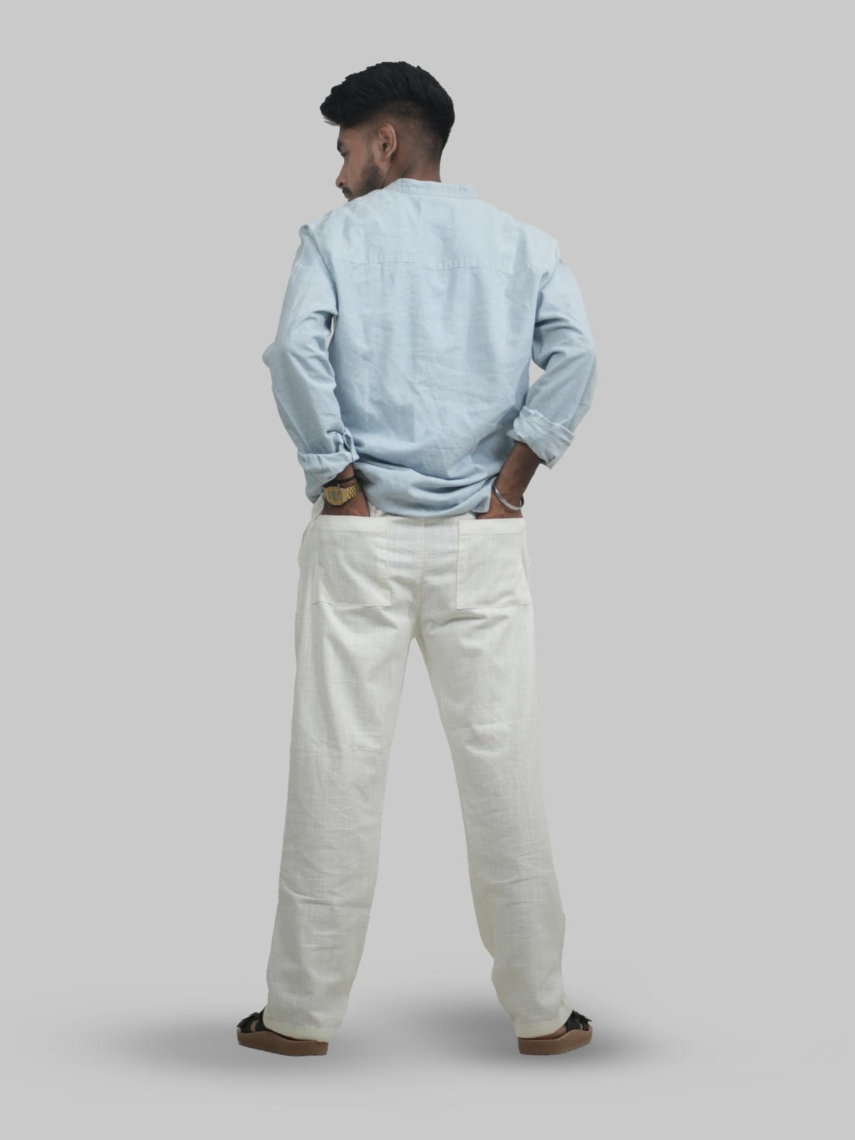 Men Linen Off White Relaxed Fit Trousers Back View 
