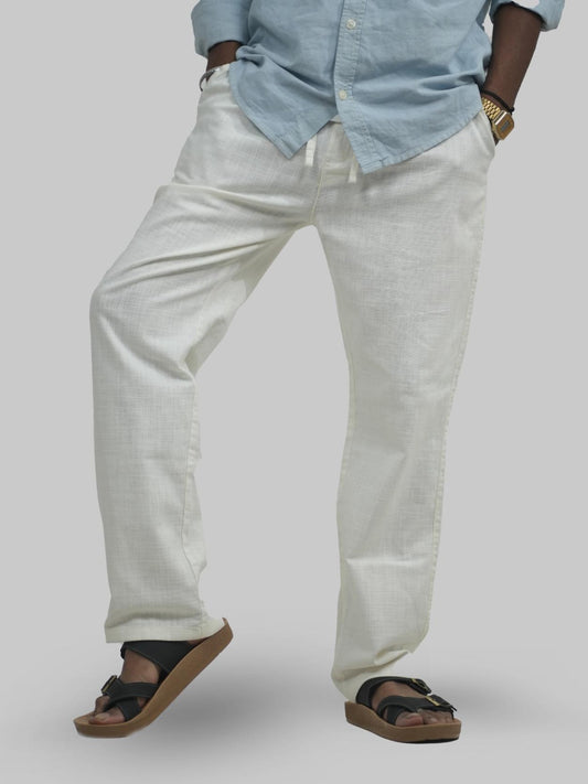 Men Linen Off White Relaxed Fit Trousers Front View 