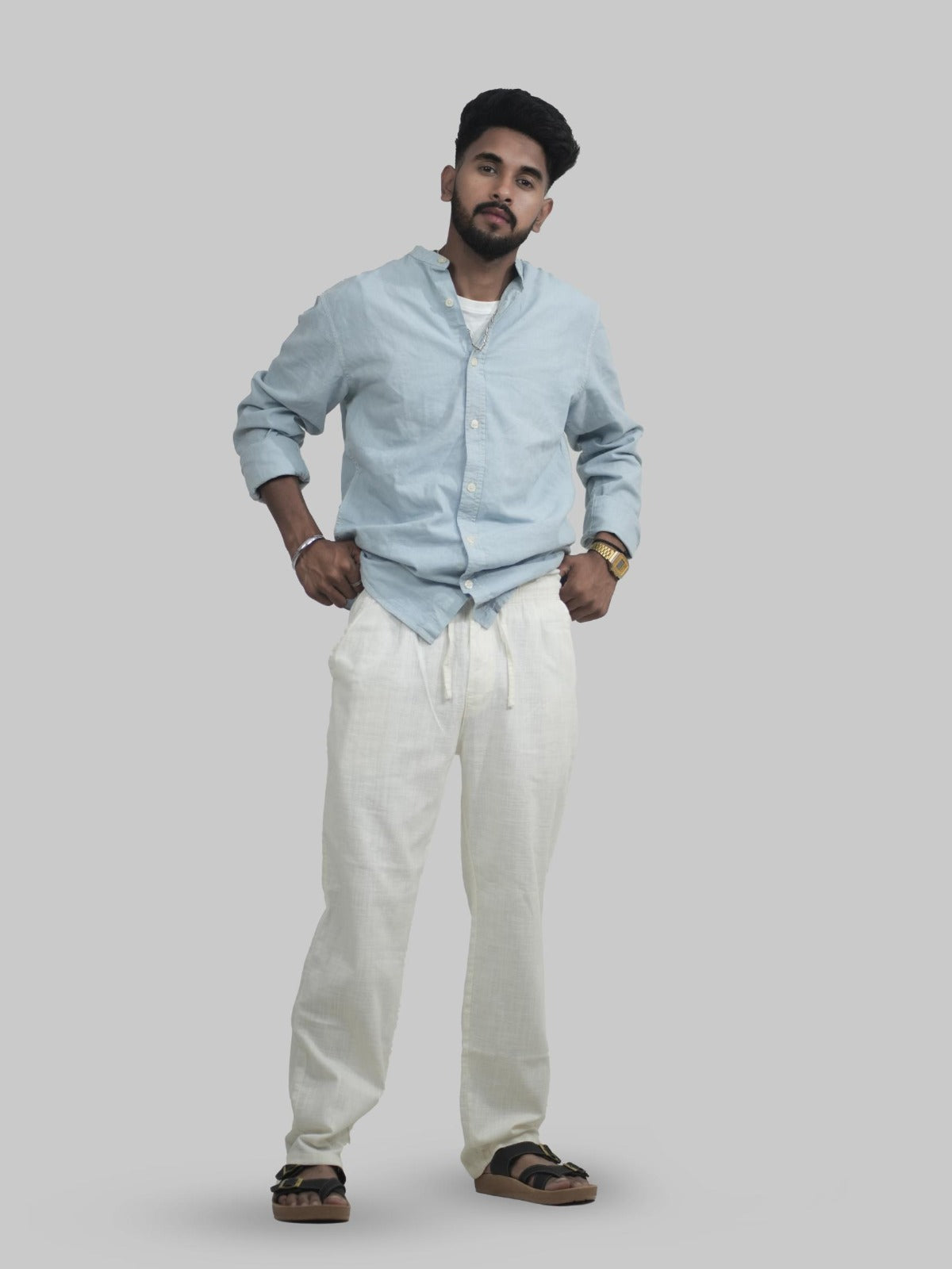 Men Linen Off White Relaxed Fit Trousers Front View 