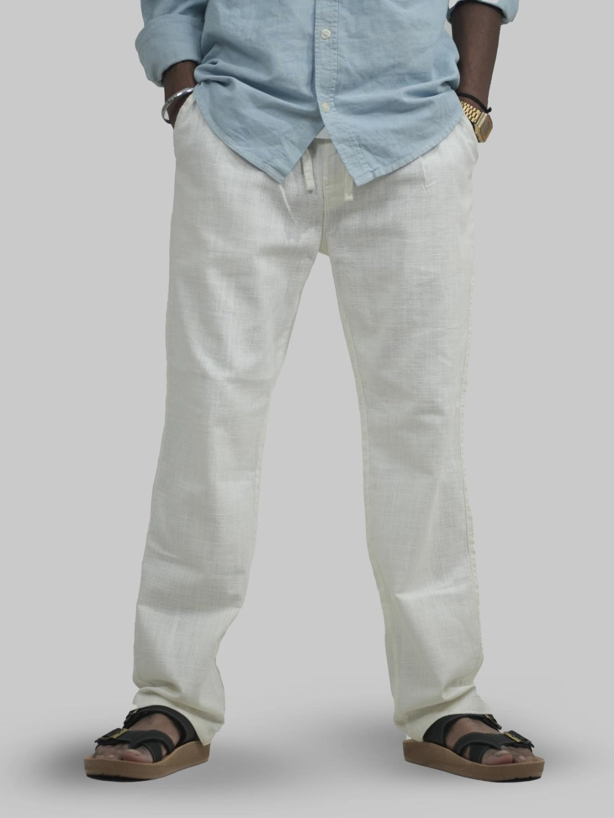Men Linen Off White Relaxed Fit Trousers Front View 