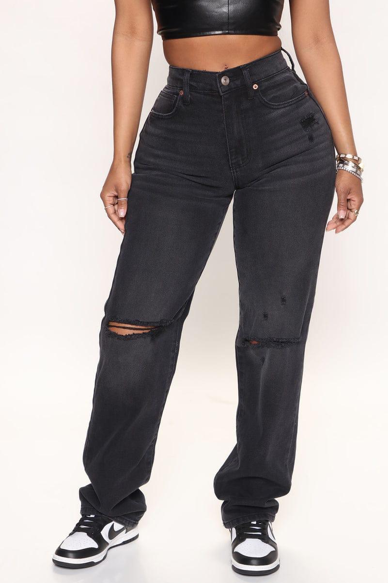Women's Charcoal Black Knee Ripped Straight Leg Jeans Closeup View