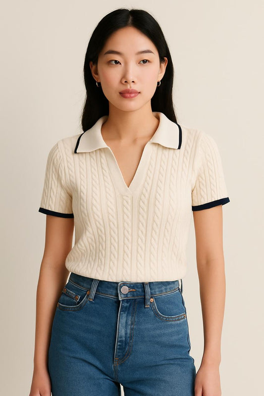 Women Winter White Half Sleeve Polo Crop Top Front View