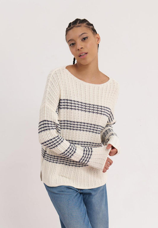 Women White striped Drop Shoulder Pullover Front View