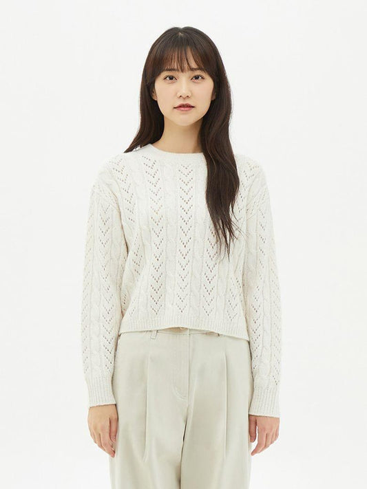 Womens White Round Neck Knitted Sweater