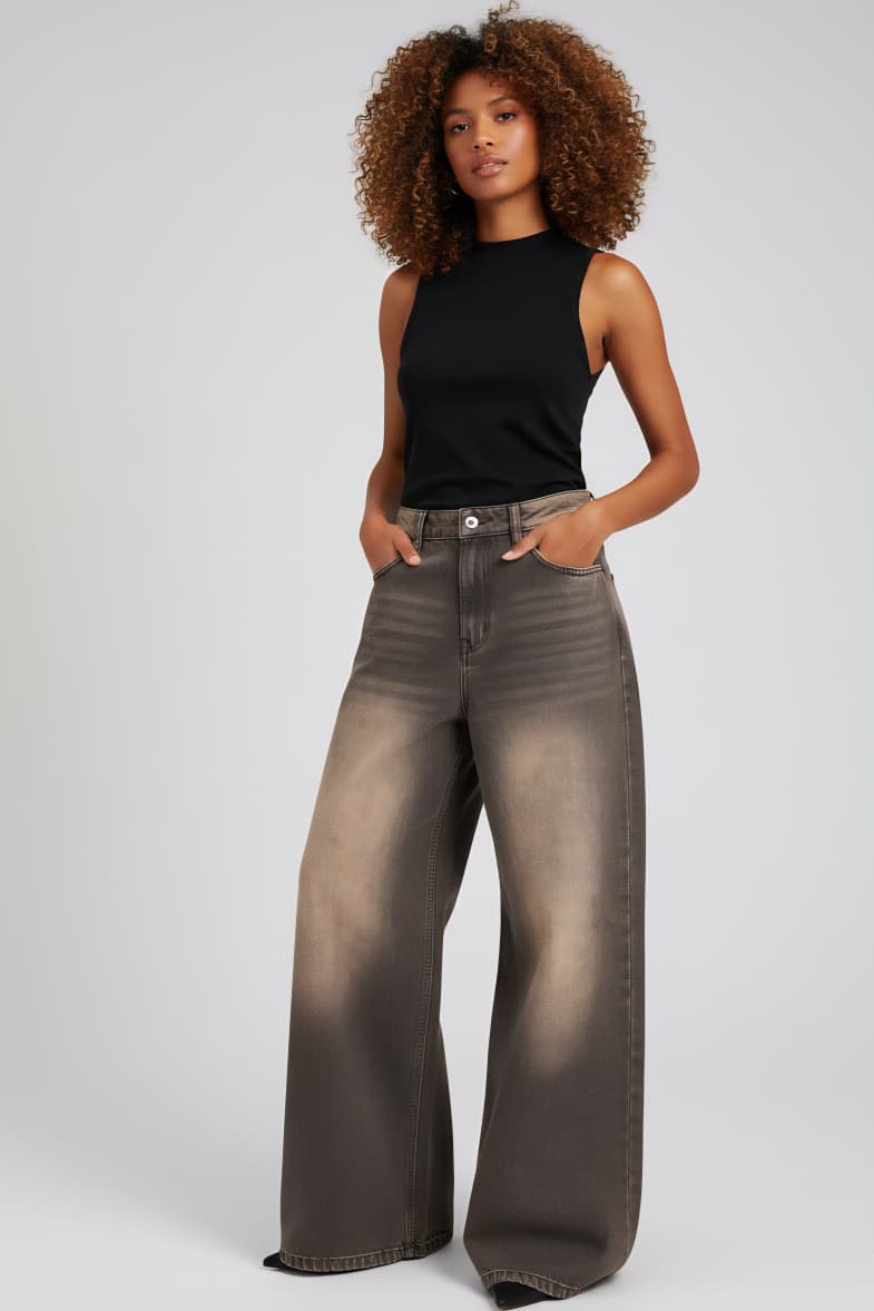 Women Super Baggy Wide Leg Dusty Brown Jean