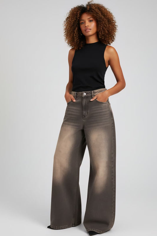 Women Super Baggy Wide Leg Dusty Brown Jean