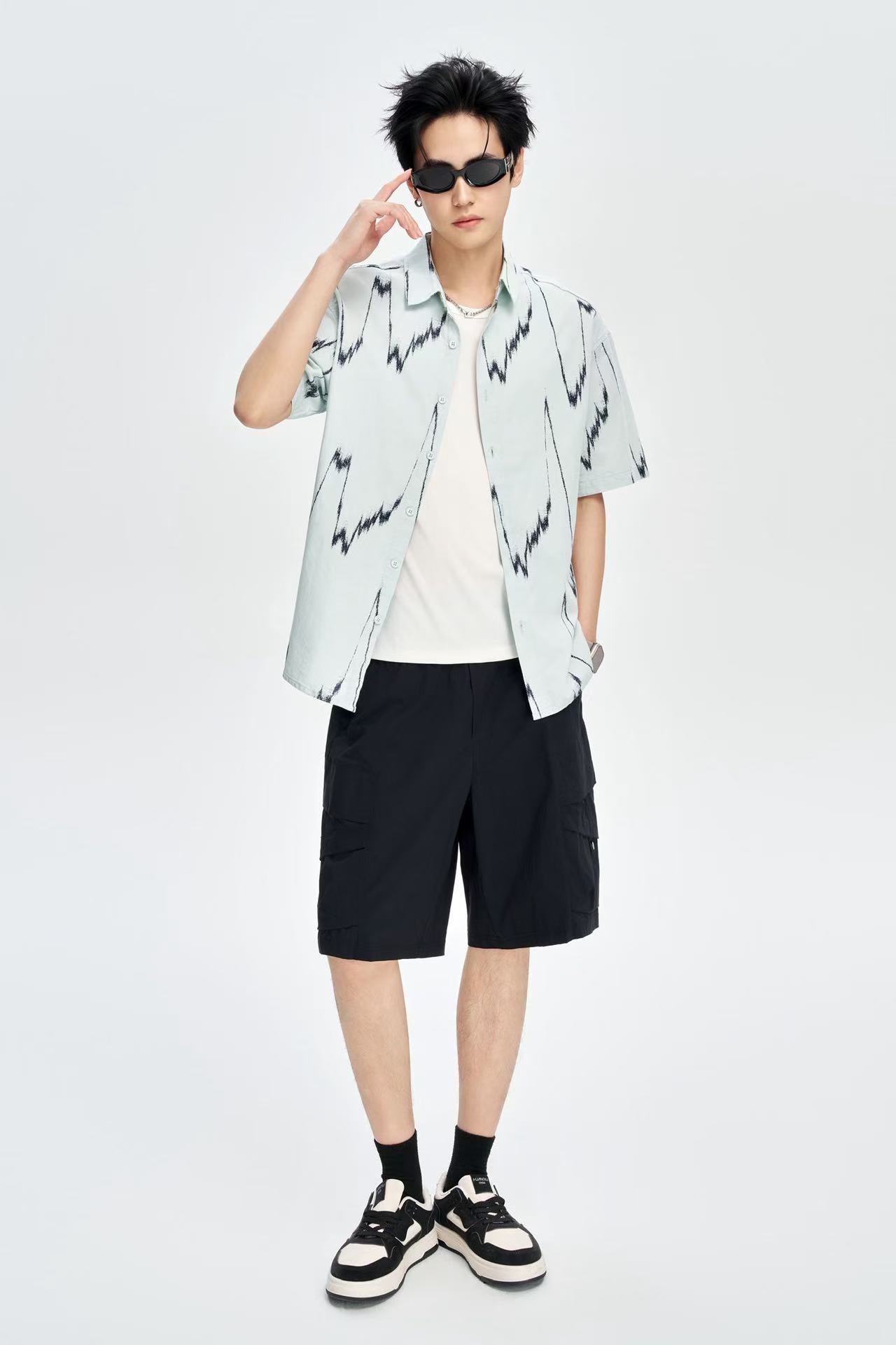 Men's Sky Blue Printed 100% Cotton Half Sleeves Korean Shirt