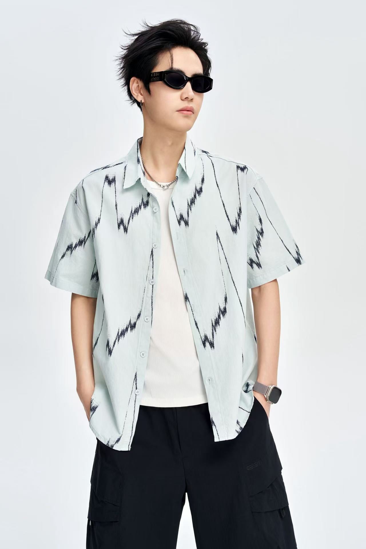 Men's Sky Blue Printed 100% Cotton Half Sleeves Korean Shirt
