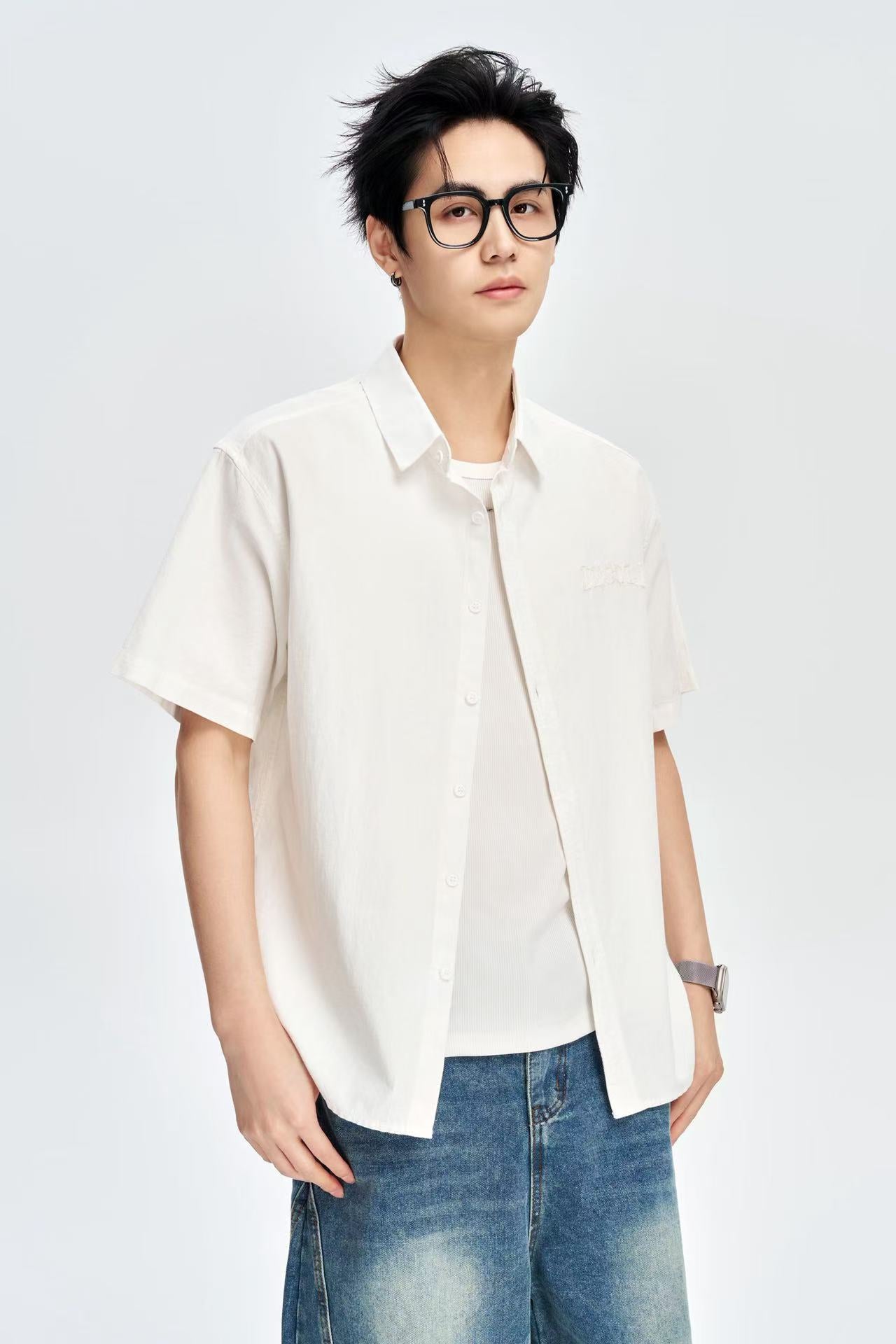 Men's White 100% Cotton Half Sleeves Korean Shirt