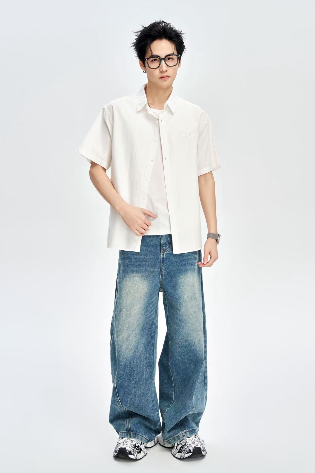 Men's White 100% Cotton Half Sleeves Korean Shirt