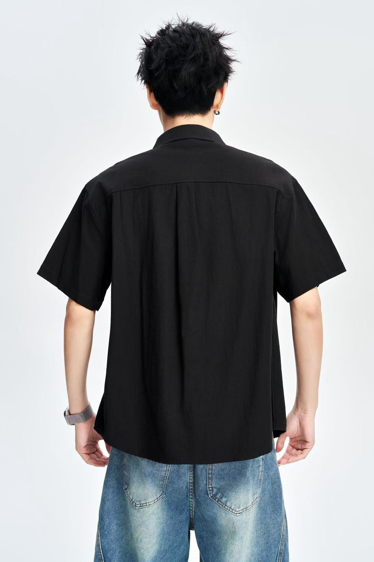 Men's Black 100% Cotton Half Sleeves Korean Shirt