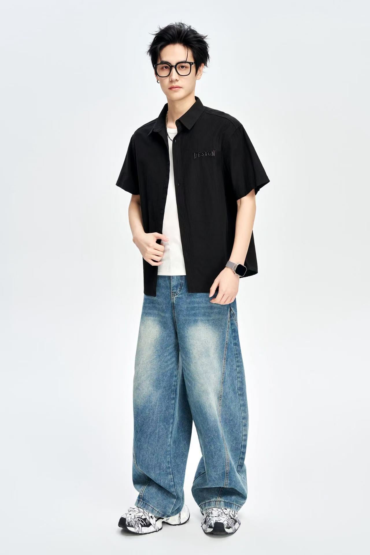 Men's Black 100% Cotton Half Sleeves Korean Shirt