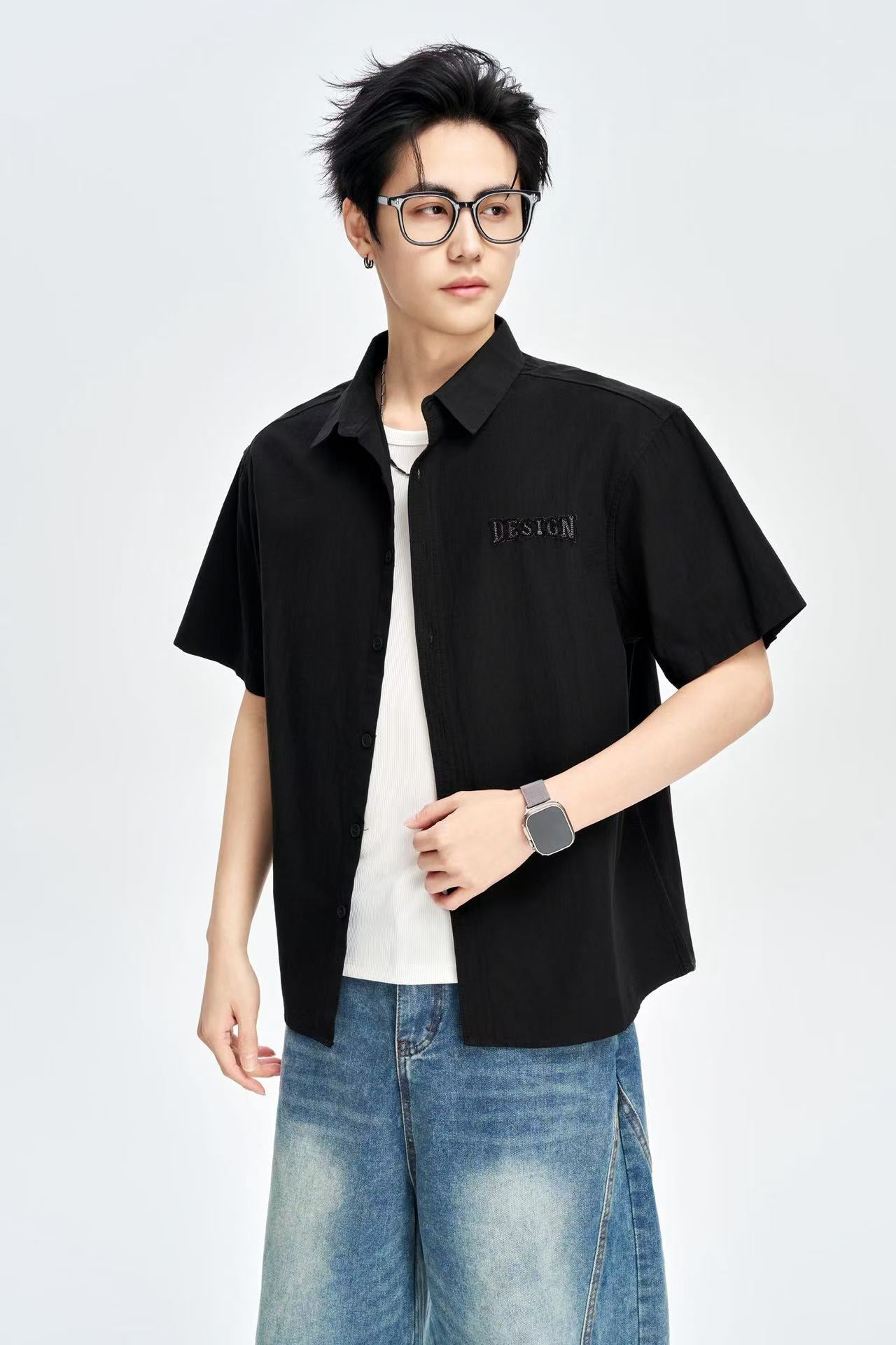Men's Black 100% Cotton Half Sleeves Korean Shirt
