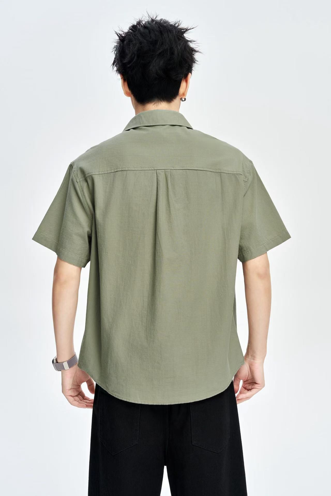Men's Olive 100% Cotton Half Sleeves Korean Shirt