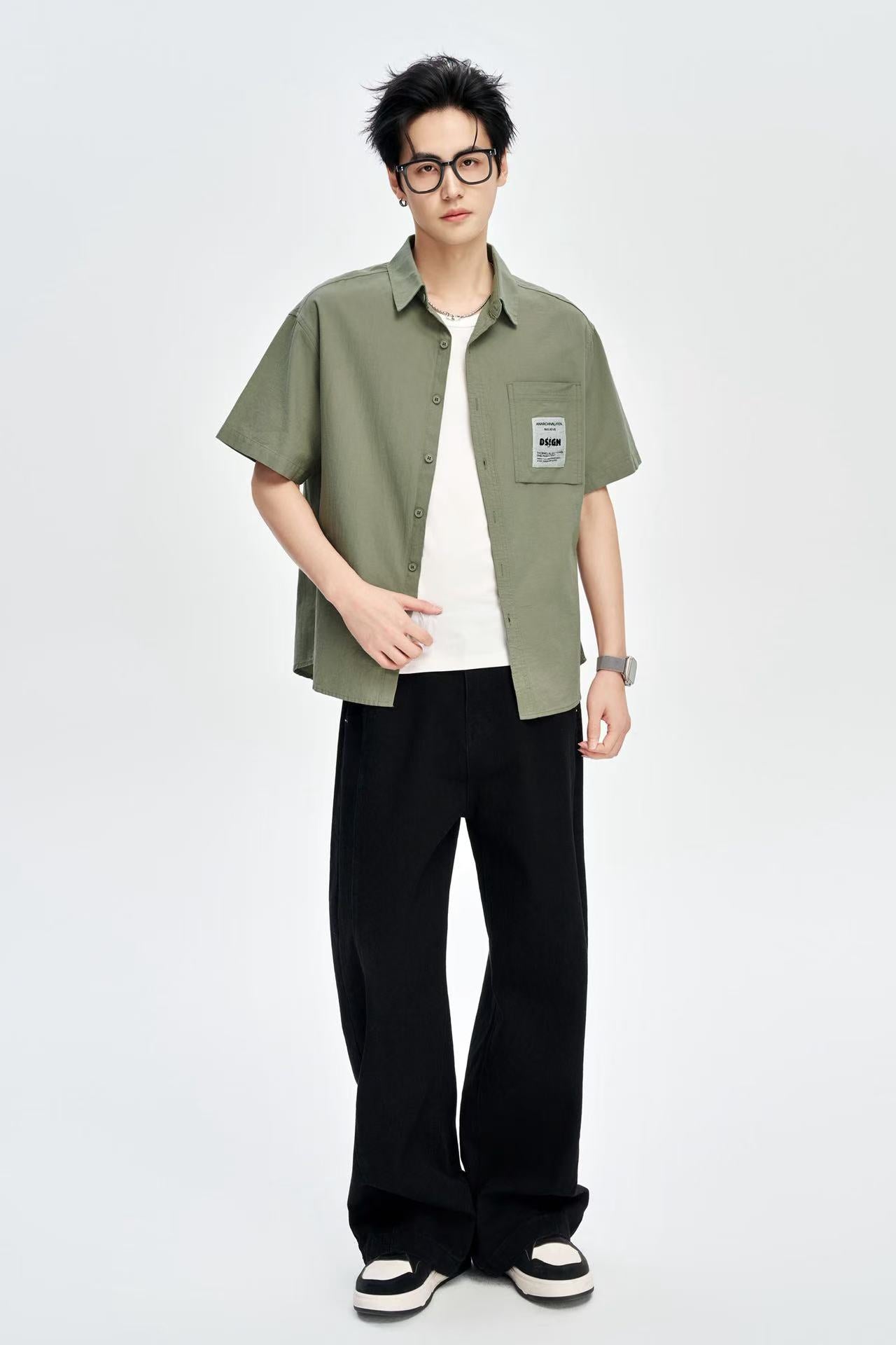 Men's Olive 100% Cotton Half Sleeves Korean Shirt