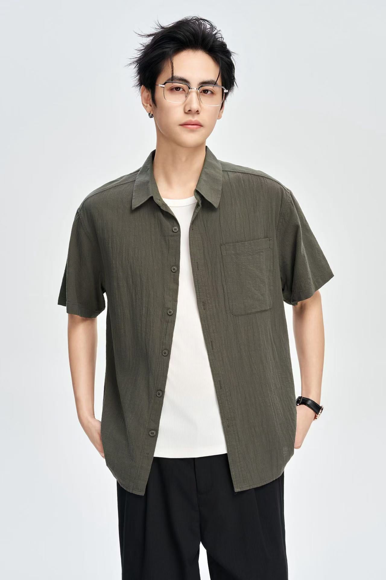 Men's Olive Linen Half Sleeves Korean Shirt