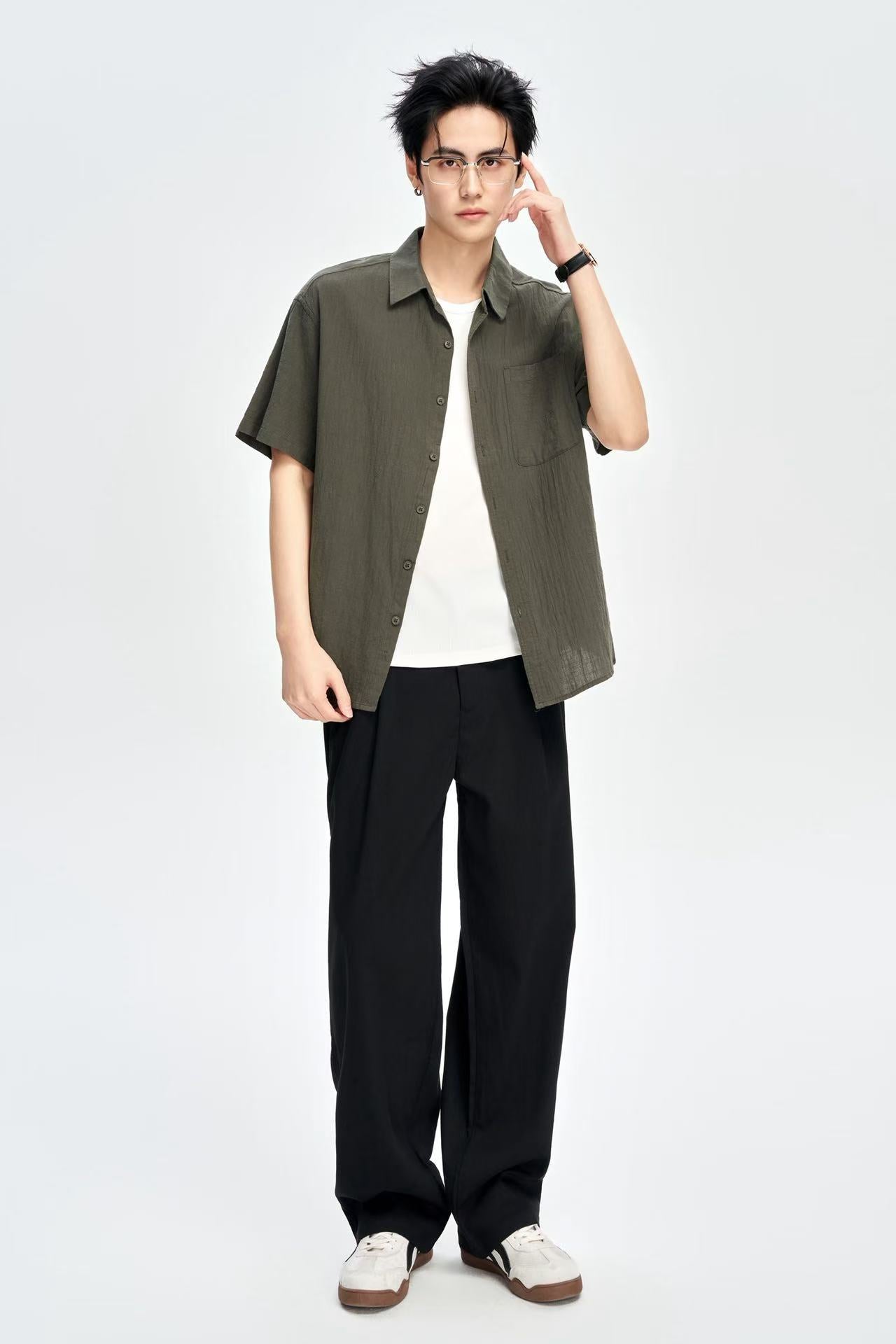 Men's Olive Linen Half Sleeves Korean Shirt