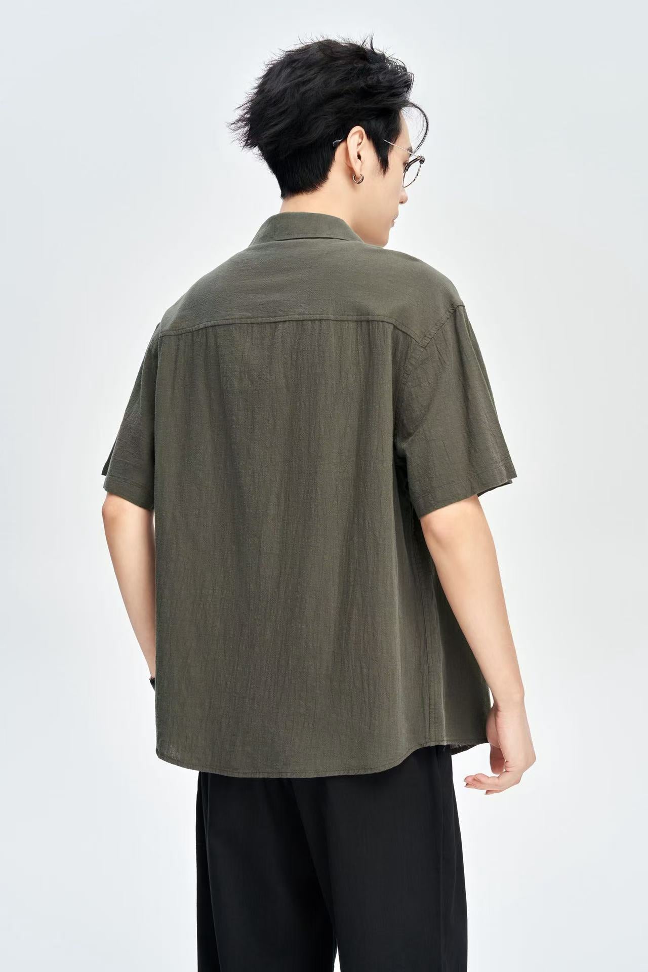 Men's Olive Linen Half Sleeves Korean Shirt