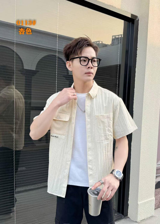 Men's Light Yellow 100% Cotton Half Sleeves Korean Shirt