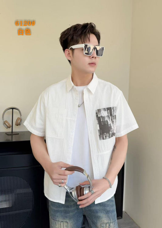 Men's White 100% Cotton Half Sleeves Korean Shirt
