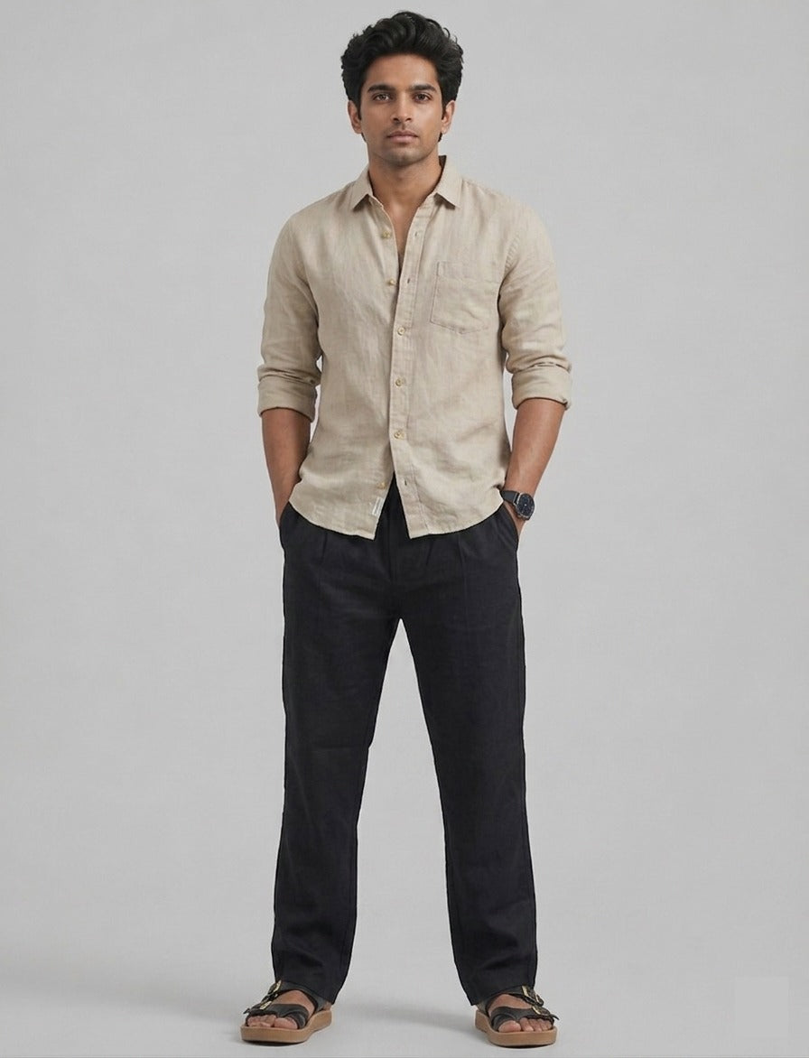 Men wearing black linen trousers relaxed fit front view summer outfit
