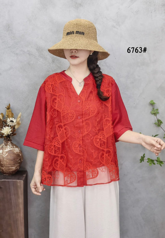 Women’s Organza Embroidered Top with Front Buttons