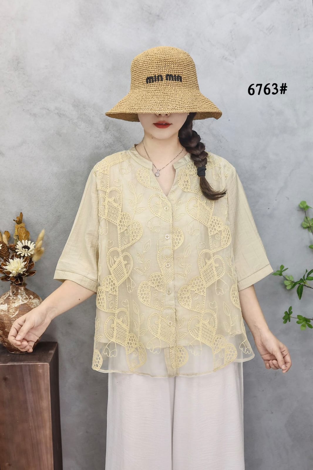 Women’s Organza Embroidered Top with Front Buttons