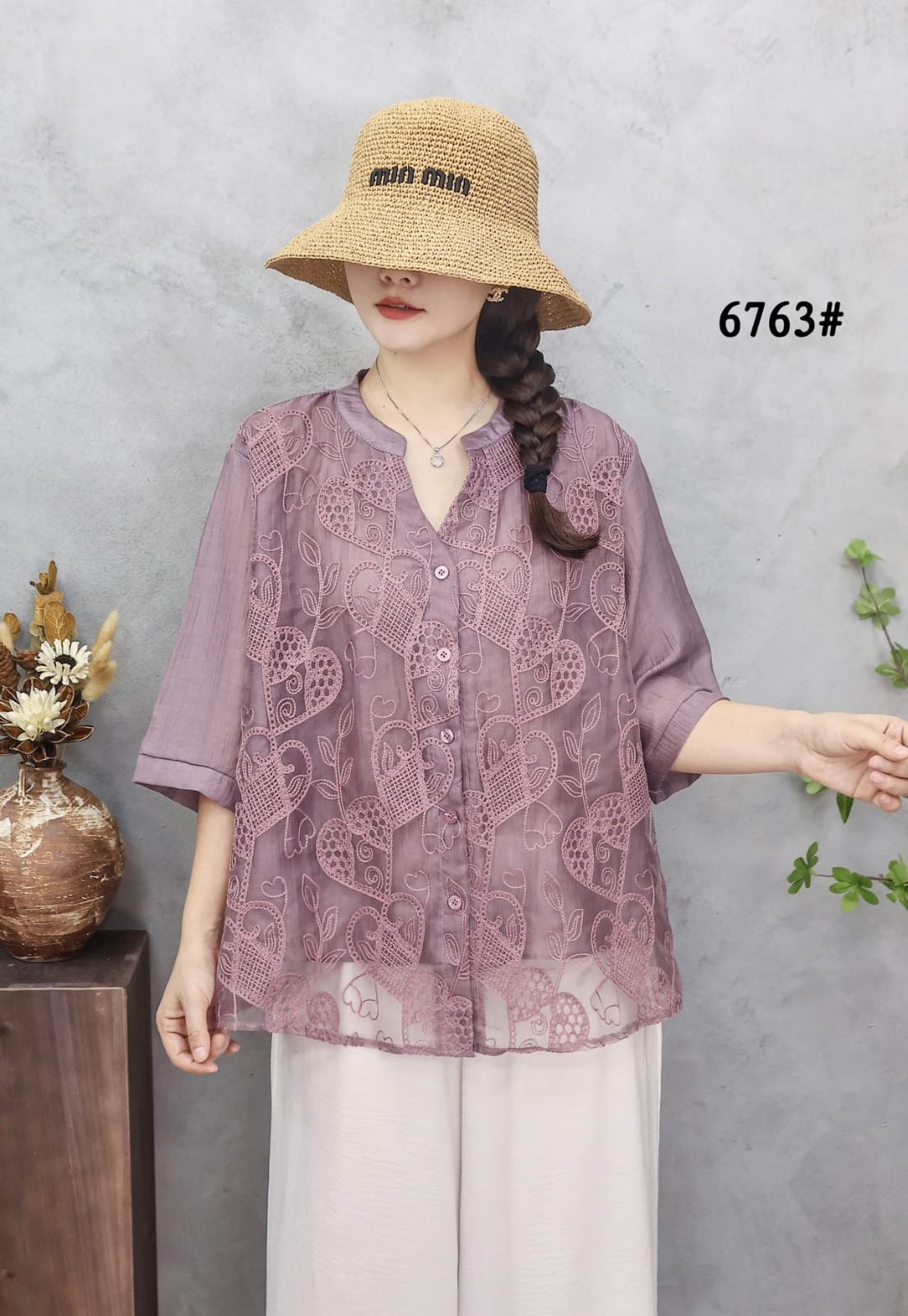 Women’s Organza Embroidered Top with Front Buttons