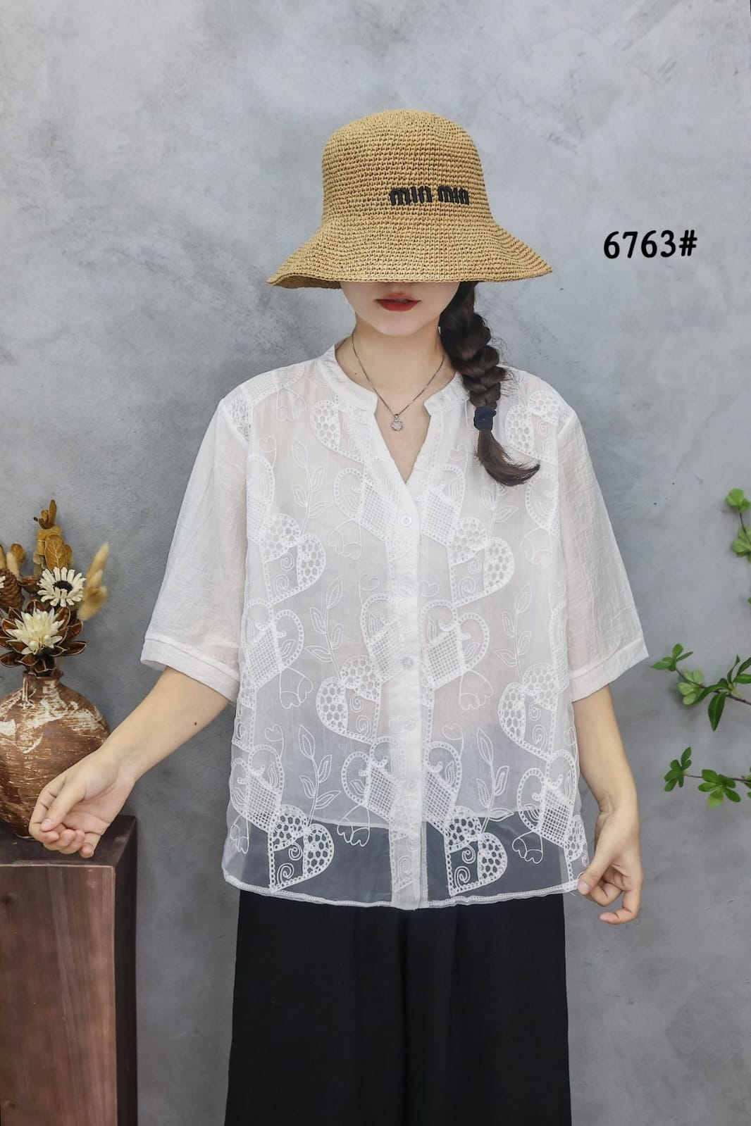 Women’s Organza Embroidered Top with Front Buttons
