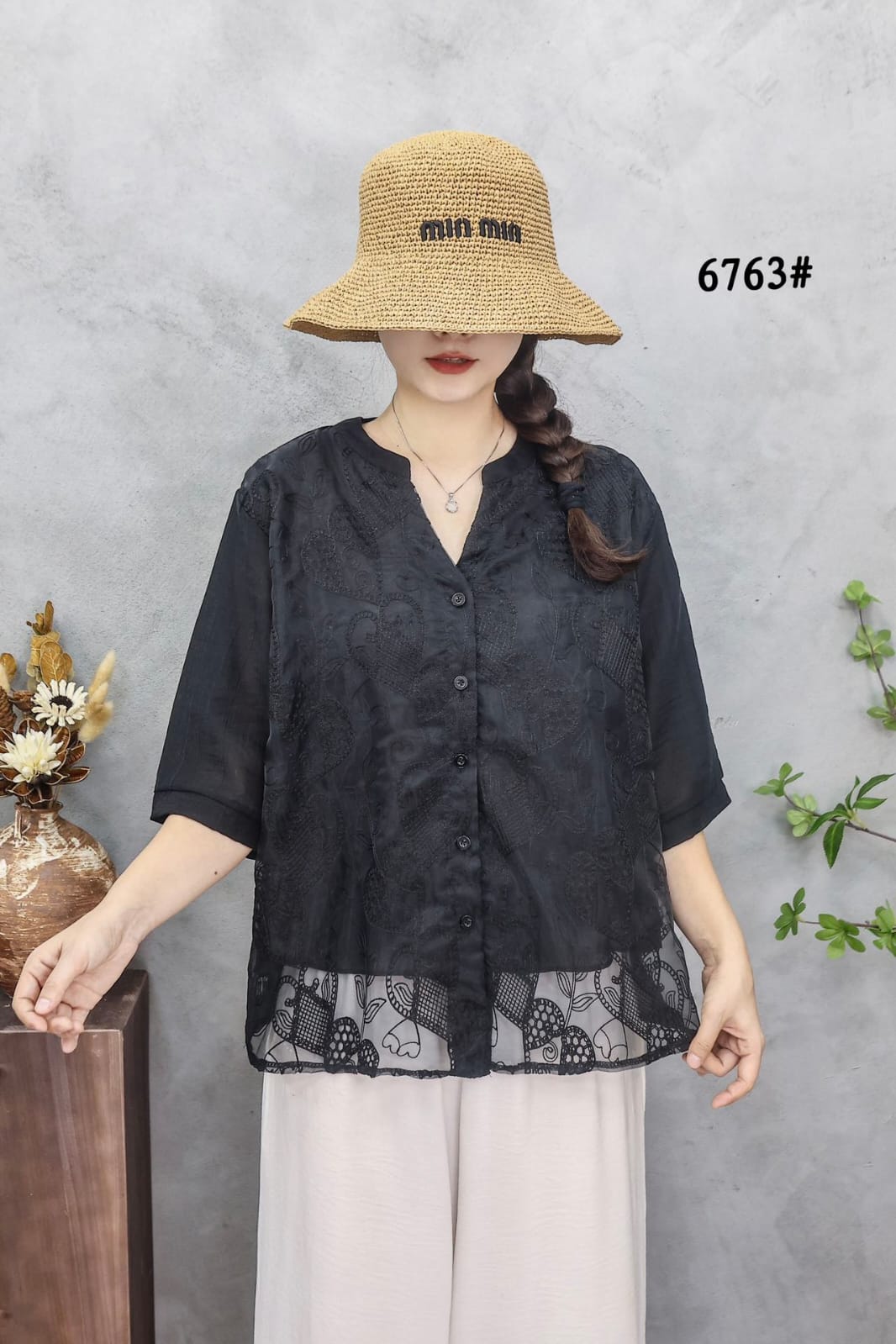 Women’s Organza Embroidered Top with Front Buttons
