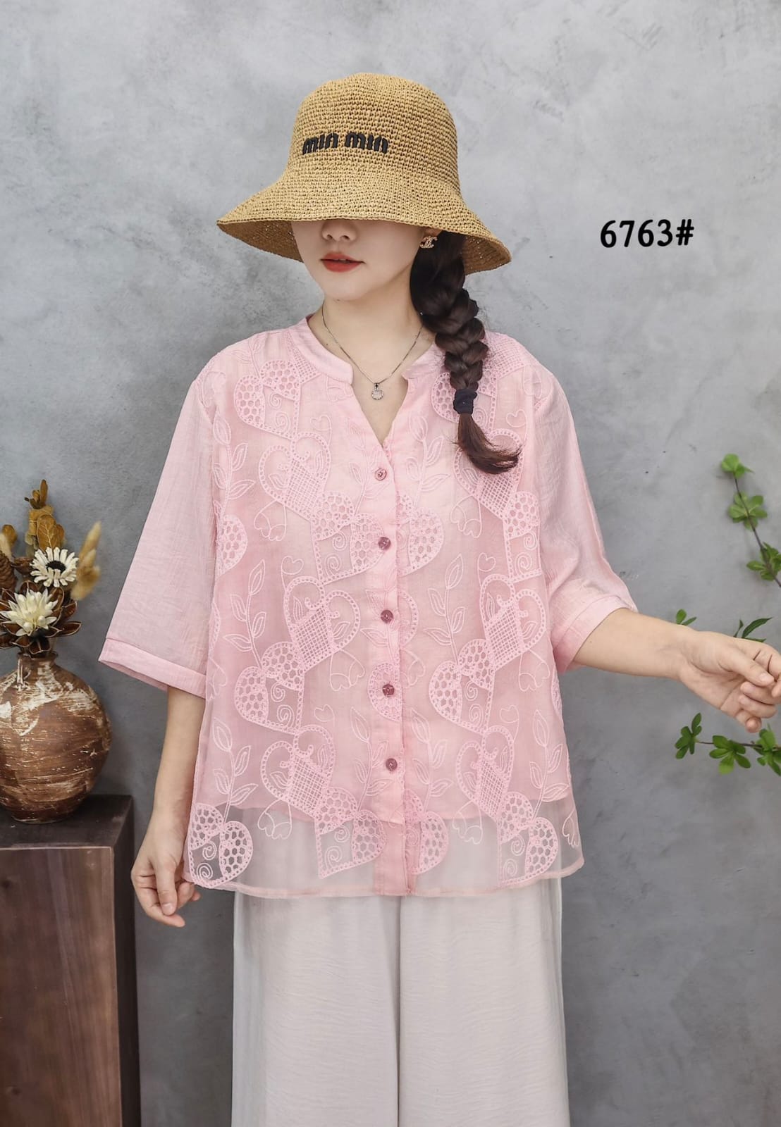 Women’s Organza Embroidered Top with Front Buttons