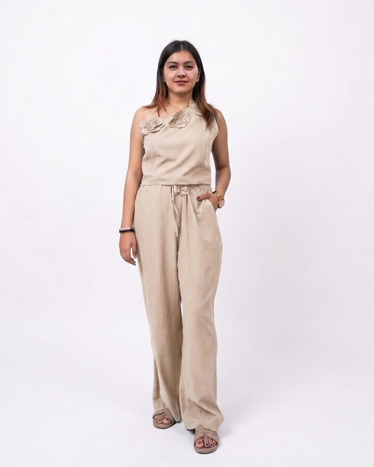 Women’s Beige Korean Style One Shoulder Co-ord Set for Women - Free Size