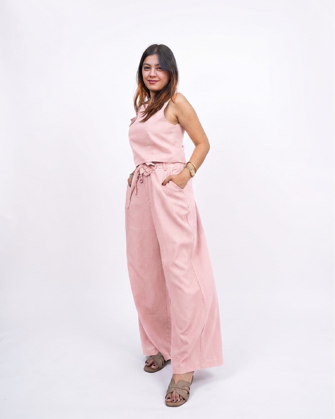Women’s Pink Korean Style One Shoulder Co-ord Set for Women - Free Size