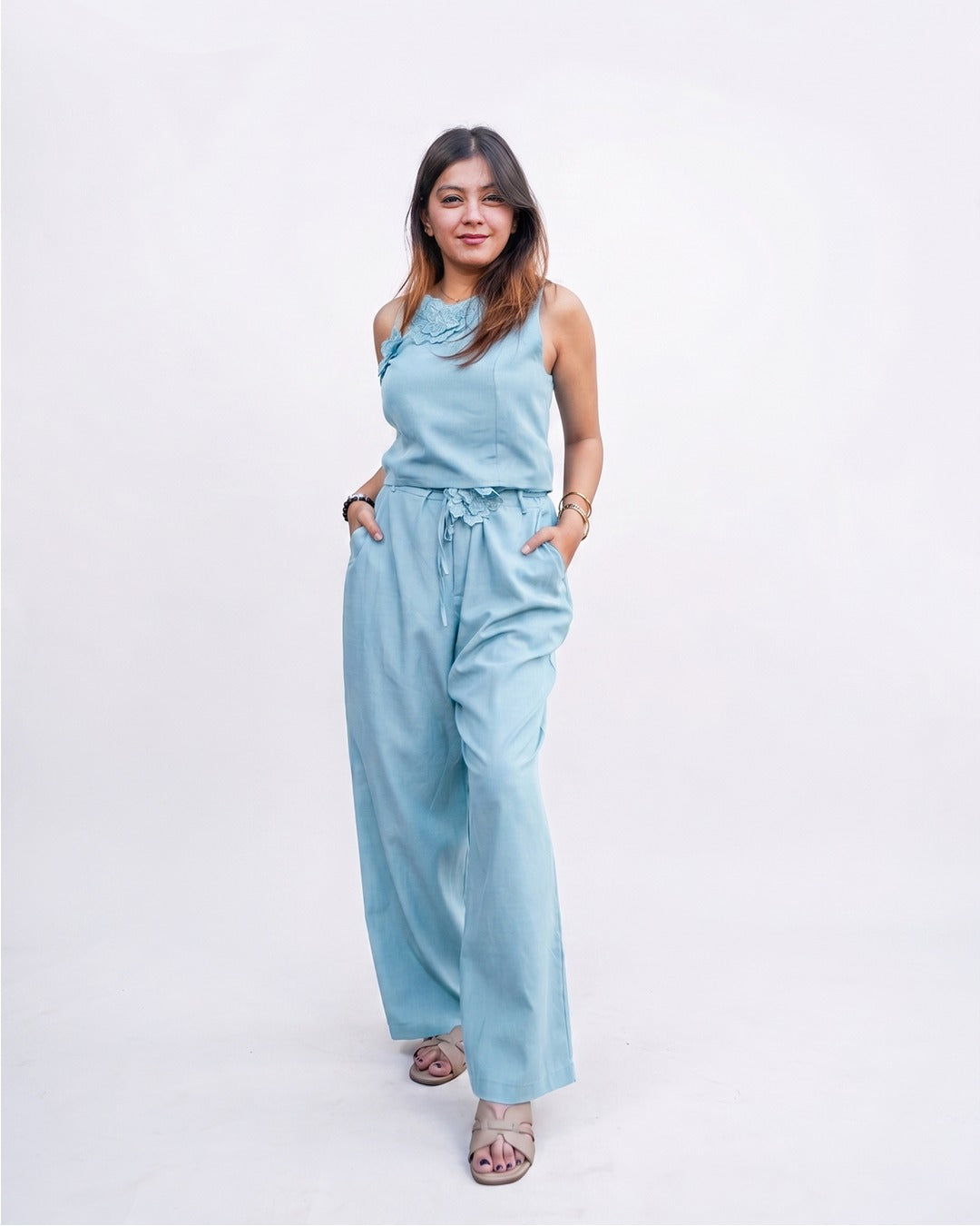Women’s Sky Blue Korean Style One Shoulder Co-ord Set for Women - Free Size
