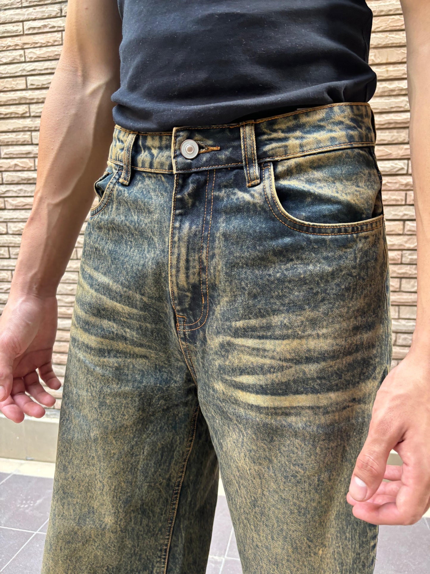 Men's Greenish Blue Vintage Wash Wide Leg Baggy Jeans