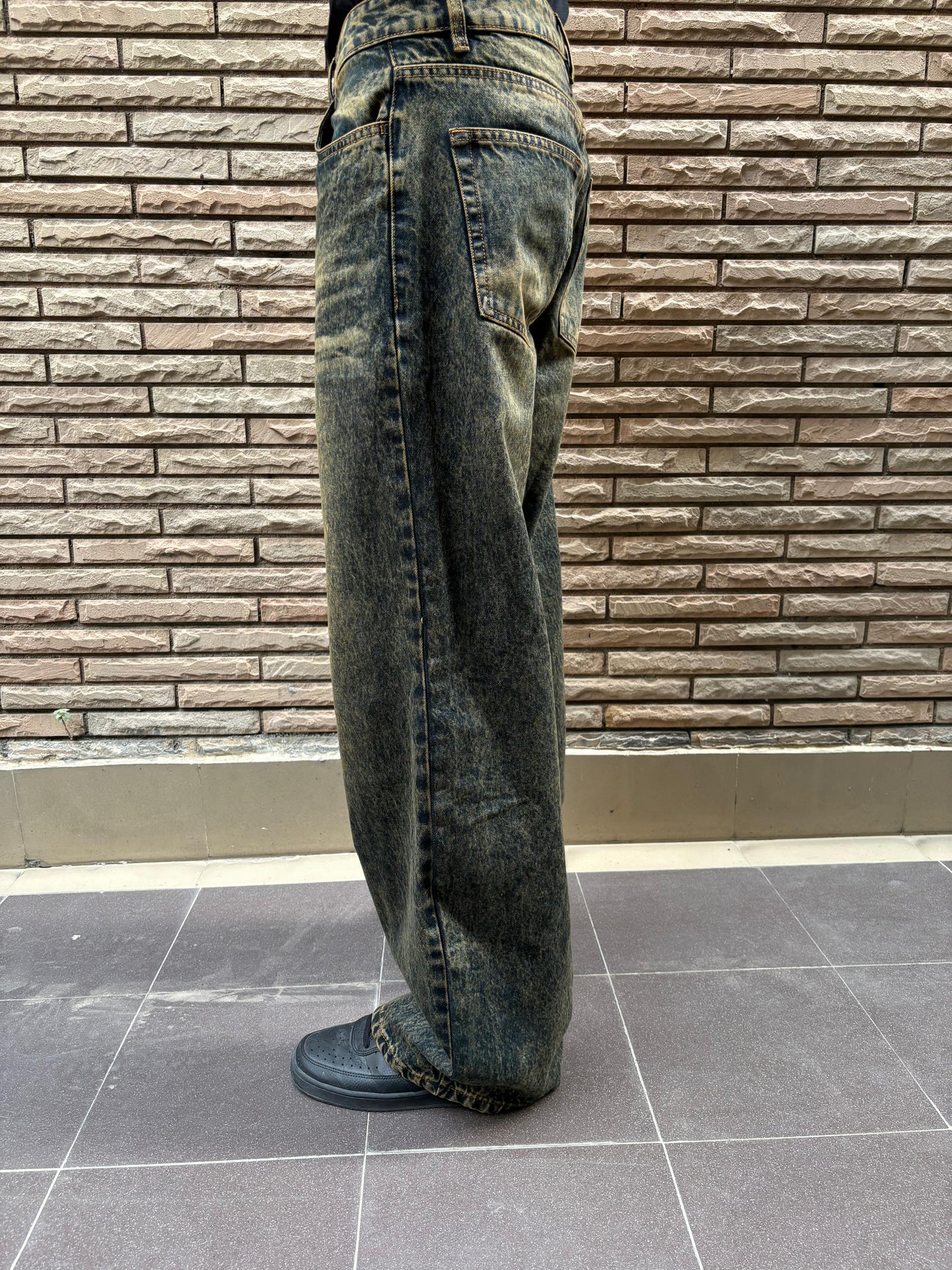 Men's Greenish Blue Vintage Wash Wide Leg Baggy Jeans