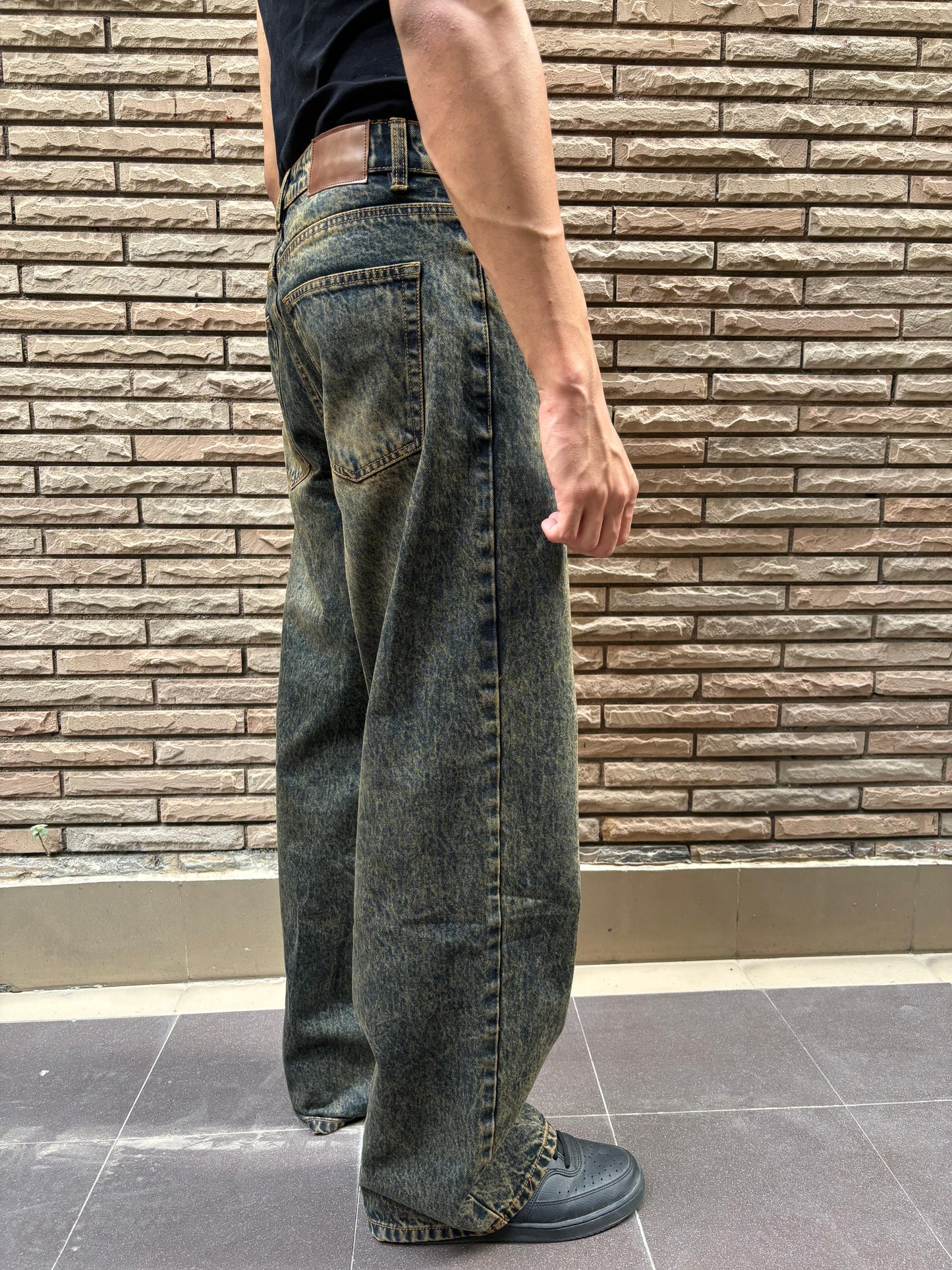 Men's Greenish Blue Vintage Wash Wide Leg Baggy Jeans