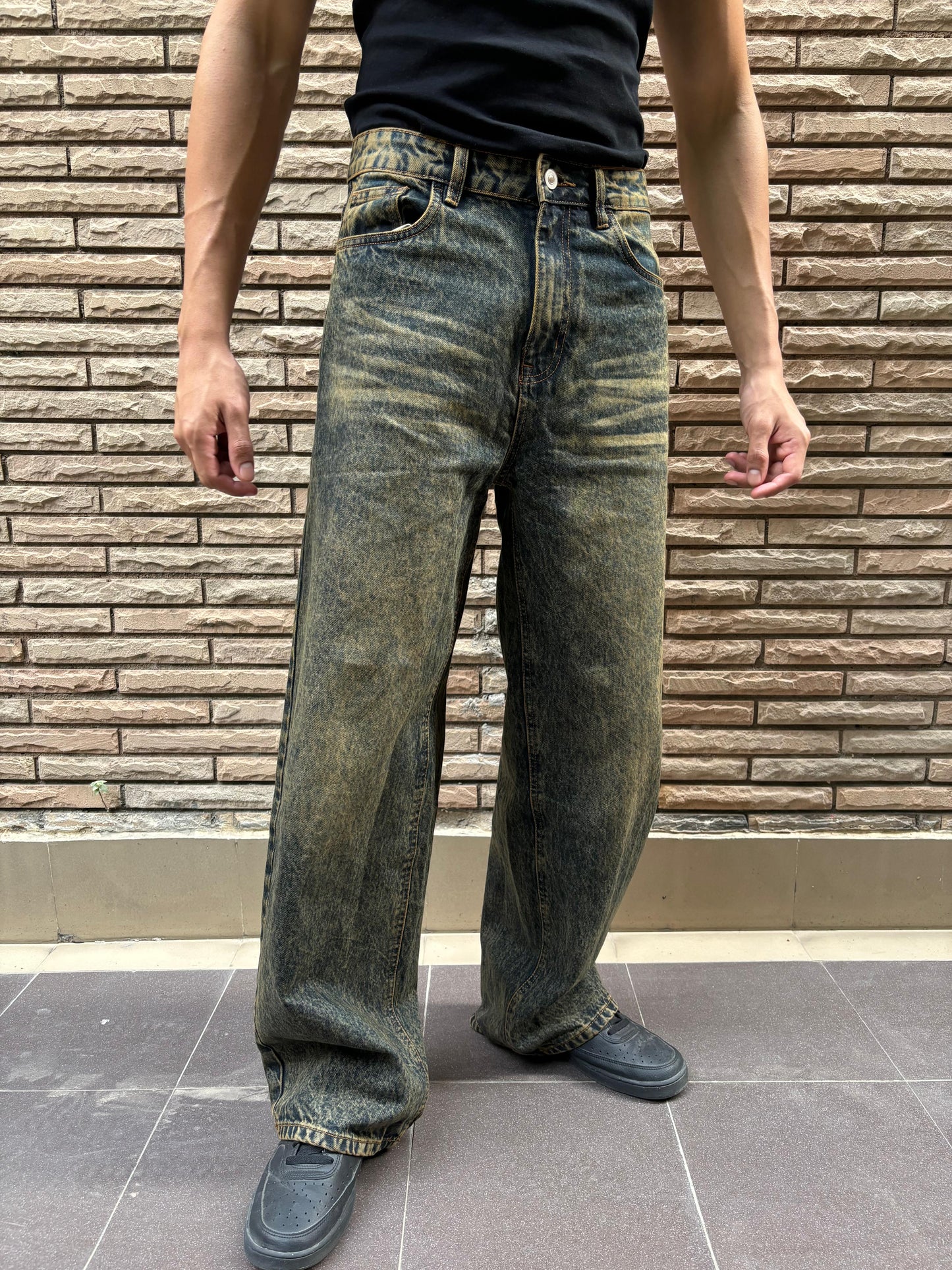 Men's Greenish Blue Vintage Wash Wide Leg Baggy Jeans
