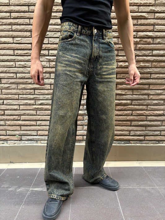 Men's Greenish Blue Vintage Wash Wide Leg Baggy Jeans