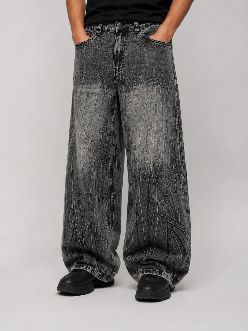 Men Grey Vintage Baggy Wide Leg Jeans